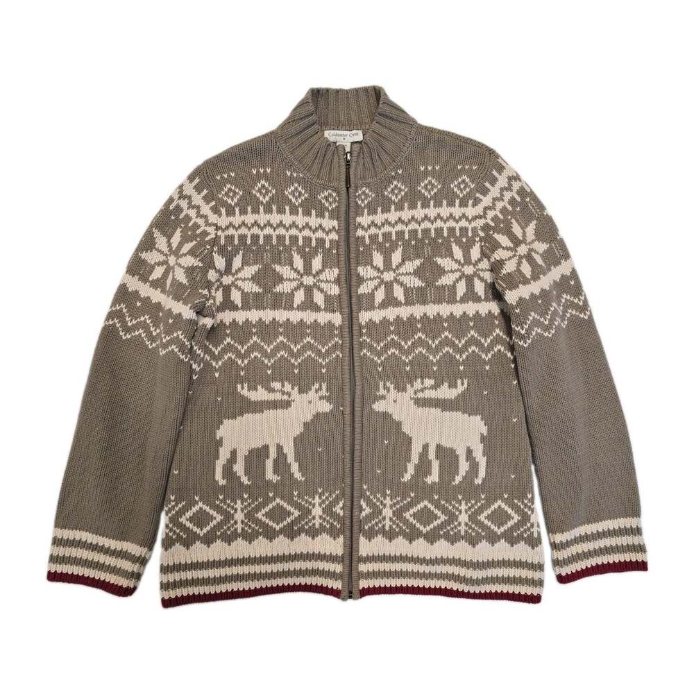 Coldwater Creek Womens M Nordic Fair Isle Moose Full Zip Cardigan Sweater Knit